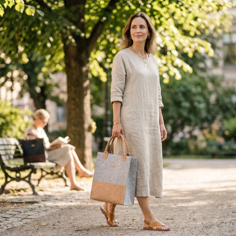 Frau mit Filz Shopper Tasche in Hellgrau und naturfarbenem Kork im Stadtpark, nachhaltige Alltagstasche von SmukBird