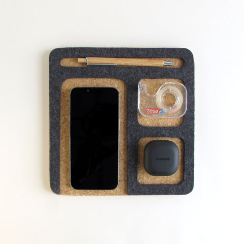 Organisateur pour téléphones portables, blocs-notes, stylos, clés, etc. | en feutre et liège | anthracite