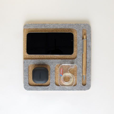 Organisateur pour téléphones portables, blocs-notes, stylos, clés, etc. | en feutre et liège | gris clair